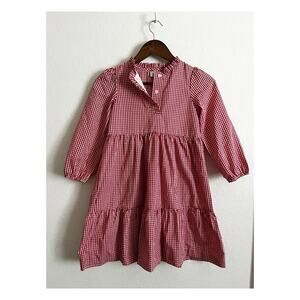Little English Long Sleeve Button Gingham Tiered Dress Red Girls 8